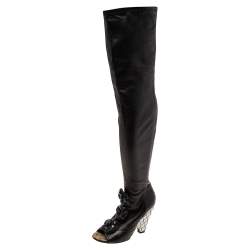 Chanel Black Leather Camellia Wedge Over The Knee Boots Size 38.5