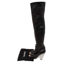 Chanel Black Leather Camellia Wedge Over The Knee Boots Size 38.5
