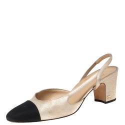 Chanel Metallic/Black Canvas And Leather Classic Slingback Pumps