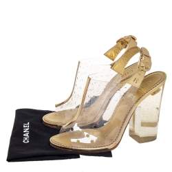 Pre Owned Chanel Gold Leather and PVC Open-Toe Slingback Mules Size 41