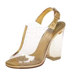 Pre Owned Chanel Gold Leather and PVC Open-Toe Slingback Mules Size 41