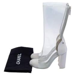 Chanel White PVC And Canvas Midcalf Boots Size 38.5