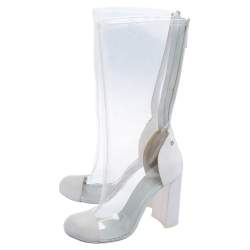 Chanel White PVC And Canvas Midcalf Boots Size 38.5