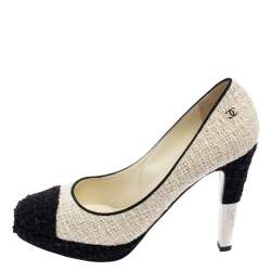 مملوكة مسبقًا حذاء كعب عالي شانيل سي سي تويد أبيض/أسود نعل سميك مقاس 39.5