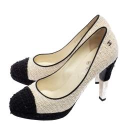 مملوكة مسبقًا حذاء كعب عالي شانيل سي سي تويد أبيض/أسود نعل سميك مقاس 39.5