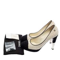 مملوكة مسبقًا حذاء كعب عالي شانيل سي سي تويد أبيض/أسود نعل سميك مقاس 39.5