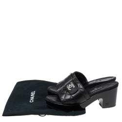 Pre Owned Chanel Black Quilted Leather CC Turn Lock Platform Slide Sandals Size 37
