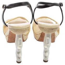 Pre Owned Chanel Cream Crystal Embellished Suede Ankle-Strap Platform Sandals Size 37.5