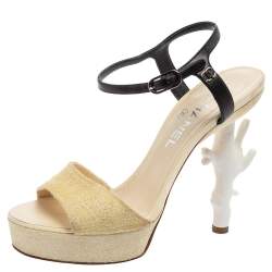 Pre Owned Chanel Cream Crystal Embellished Suede Ankle-Strap Platform Sandals Size 37.5