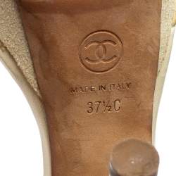 Pre Owned Chanel Cream Crystal Embellished Suede Ankle-Strap Platform Sandals Size 37.5