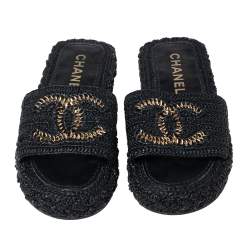 Pre Owned Chanel Black Woven Raffia CC Cord Slip on Flats Size 38