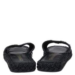 Pre Owned Chanel Black Woven Raffia CC Cord Slip on Flats Size 38