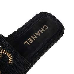 Pre Owned Chanel Black Woven Raffia CC Cord Slip on Flats Size 38