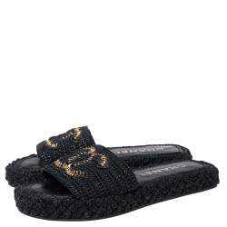 Pre Owned Chanel Black Woven Raffia CC Cord Slip on Flats Size 38