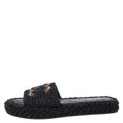 Pre Owned Chanel Black Woven Raffia CC Cord Slip on Flats Size 38