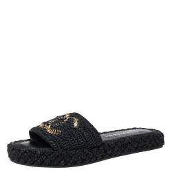 Pre Owned Chanel Black Woven Raffia CC Cord Slip on Flats Size 38