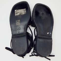 Pre Owned Chanel Black Crochet And Fabric Flat Espadrille Ankle Tie Sandals Size 36