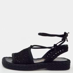 Pre Owned Chanel Black Crochet And Fabric Flat Espadrille Ankle Tie Sandals Size 36