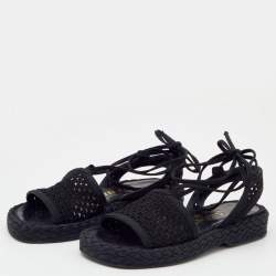 Pre Owned Chanel Black Crochet And Fabric Flat Espadrille Ankle Tie Sandals Size 36