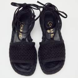 Pre Owned Chanel Black Crochet And Fabric Flat Espadrille Ankle Tie Sandals Size 36