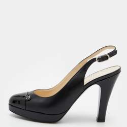 Pre Owned Chanel Black Patent And Leather CC Cap Toe Slingback Sandals Size 37