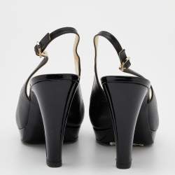 Pre Owned Chanel Black Patent And Leather CC Cap Toe Slingback Sandals Size 37