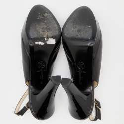 Pre Owned Chanel Black Patent And Leather CC Cap Toe Slingback Sandals Size 37