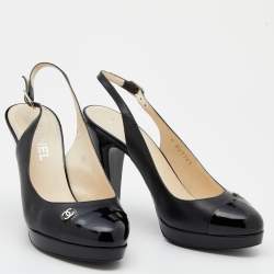 Pre Owned Chanel Black Patent And Leather CC Cap Toe Slingback Sandals Size 37