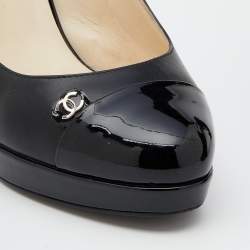 Pre Owned Chanel Black Patent And Leather CC Cap Toe Slingback Sandals Size 37