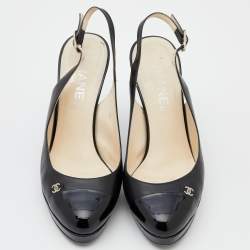 Pre Owned Chanel Black Patent And Leather CC Cap Toe Slingback Sandals Size 37