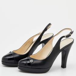 Pre Owned Chanel Black Patent And Leather CC Cap Toe Slingback Sandals Size 37