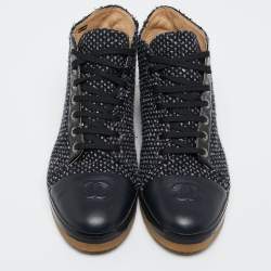Chanel Navy Tweed And Leather CC Cap Toe Ankle Boots Size 41.5