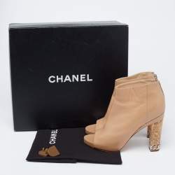 Chanel Beige Leather Chain Embellished Cork Heel Booties Size 37