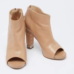 Chanel Beige Leather Chain Embellished Cork Heel Booties Size 37