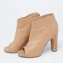 Chanel Beige Leather Chain Embellished Cork Heel Booties Size 37