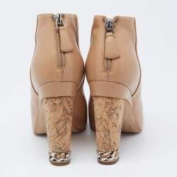 Chanel Beige Leather Chain Embellished Cork Heel Booties Size 37