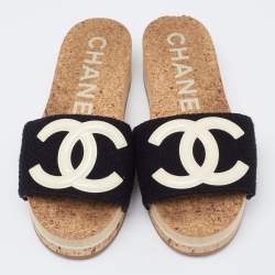 مملوكة مسبقًا Chanel Black Tweed CC Platform Slide Sandals Size 35