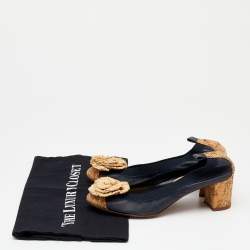 Pre Owned Chanel Navy Blue/Beige Leather And Raffia Camellia Scrunch Cork Block Heel Pumps Size 36.5
