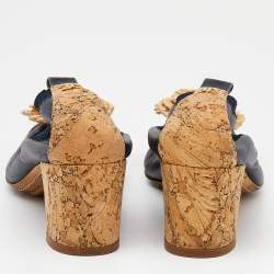 Pre Owned Chanel Navy Blue/Beige Leather And Raffia Camellia Scrunch Cork Block Heel Pumps Size 36.5