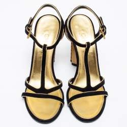 Pre Owned صندل شانيل جلد وسويدي ذهبي/أسود سير كاحل مقاس 38.5