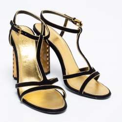 Pre Owned صندل شانيل جلد وسويدي ذهبي/أسود سير كاحل مقاس 38.5