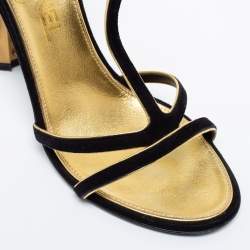 Pre Owned صندل شانيل جلد وسويدي ذهبي/أسود سير كاحل مقاس 38.5