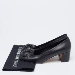 مملوكة مسبقًا Chanel Black Leather Camellia Block Heel Pumps Size 38.5