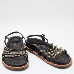 مملوكة مسبقًا صندل شانيل ساتان وجلد أسود سير بوصلة سلسلة شعارماركة سي سي مقاس 39