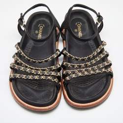 مملوكة مسبقًا صندل شانيل ساتان وجلد أسود سير بوصلة سلسلة شعارماركة سي سي مقاس 39