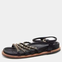 مملوكة مسبقًا صندل شانيل ساتان وجلد أسود سير بوصلة سلسلة شعارماركة سي سي مقاس 39