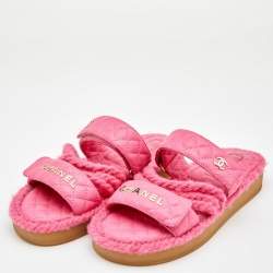 Chanel Pink Quilted Leather And Wool CC Slide Sandals Size 37 Chanel