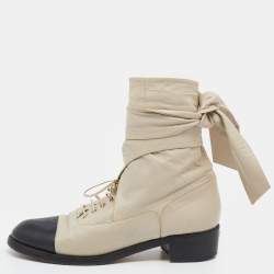 Chanel Grey/Black Leather CC Ankle Wrap Ankle Boots Size 39.5