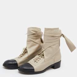 Chanel Grey/Black Leather CC Ankle Wrap Ankle Boots Size 39.5