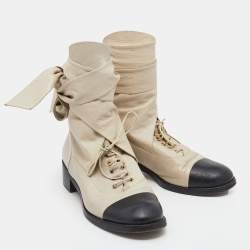 Chanel Grey/Black Leather CC Ankle Wrap Ankle Boots Size 39.5